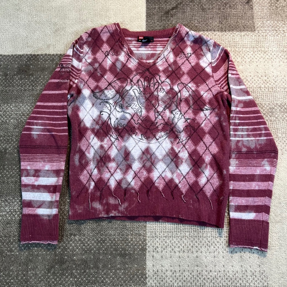 Y2K Diesel Mens XL Wool Blend Argyle Distressed V-Neck Sweater Burgundy